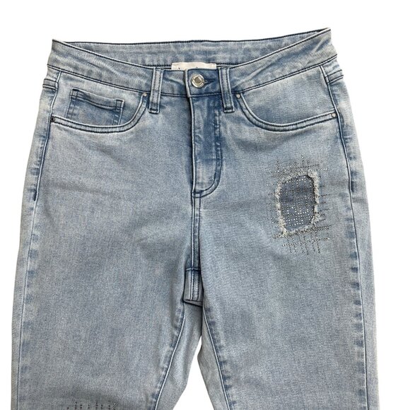 JOSEPH RIBKOFF JEANS RHINESTONE JEWEL FRAYED LIGHT WASH HIGH RISE SIZE 4 PATCHED - Picture 5 of 13